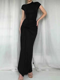 Ruched Slit Cap Sleeve Maxi Dress.