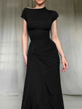 Ruched Slit Cap Sleeve Maxi Dress.