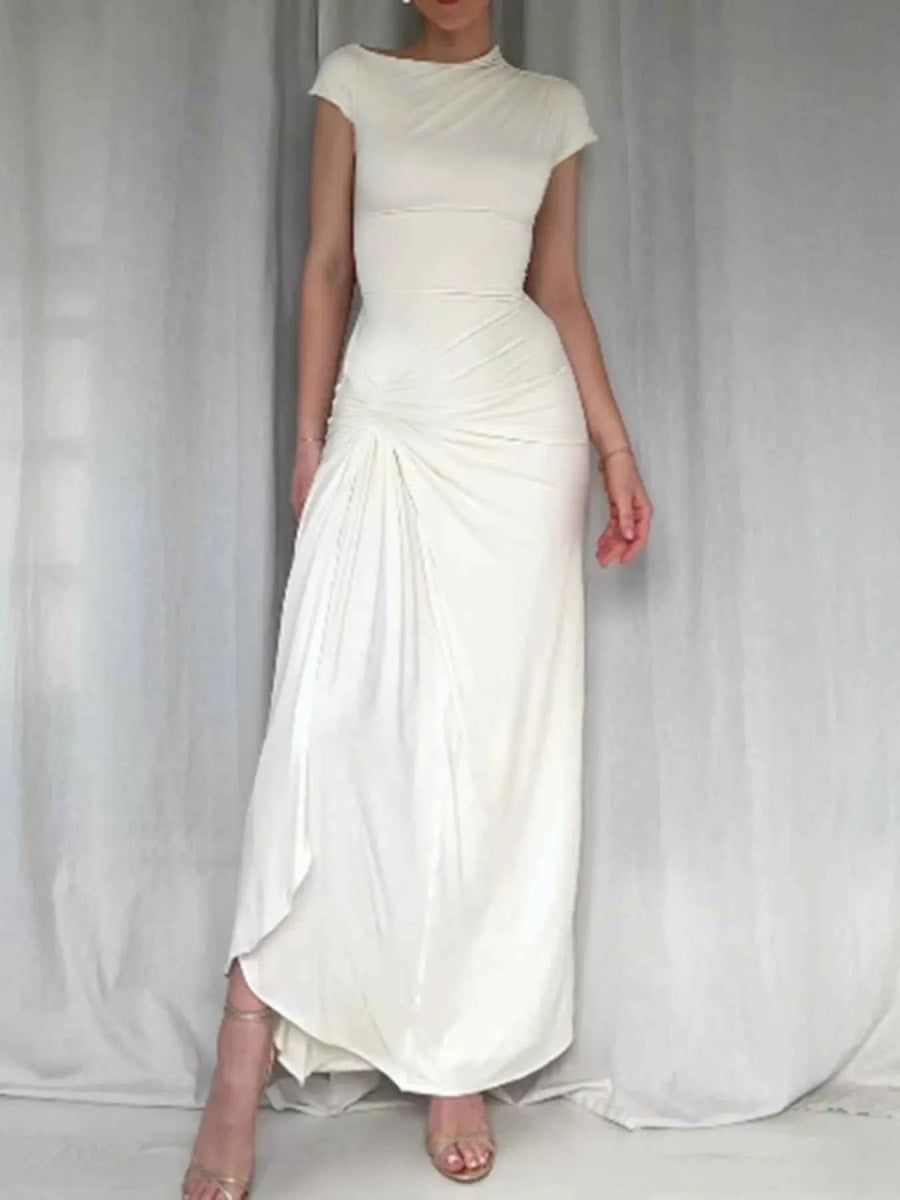 Ruched Slit Cap Sleeve Maxi Dress.