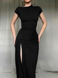 Ruched Slit Cap Sleeve Maxi Dress.