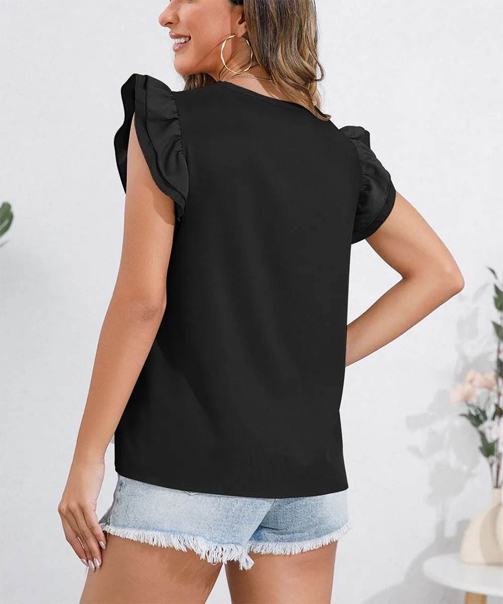 Ruffle Cap Sleeve Blouse - Round Neck Stylish Top - EBYNN