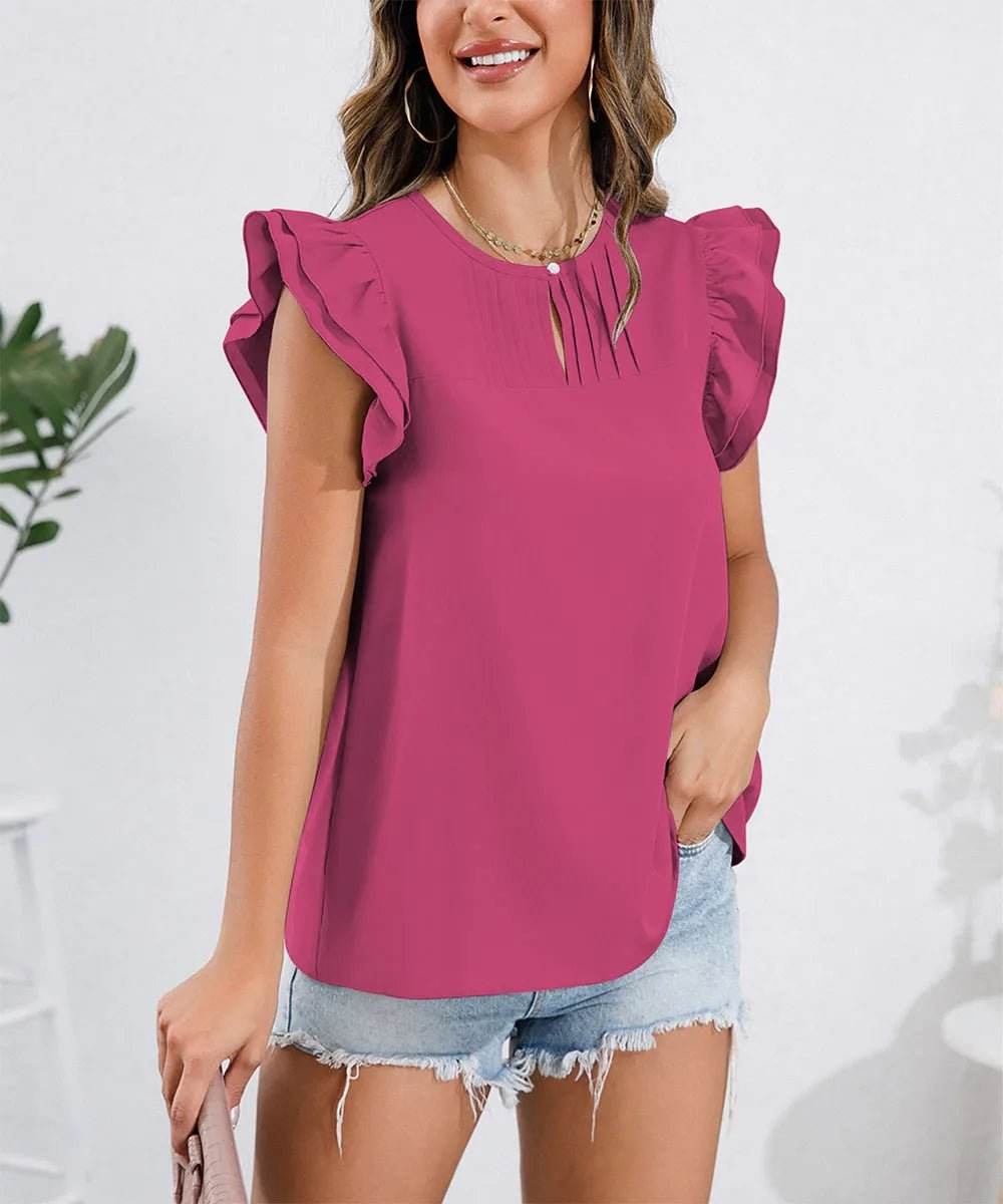 Ruffle Cap Sleeve Blouse - Round Neck Stylish Top - EBYNN