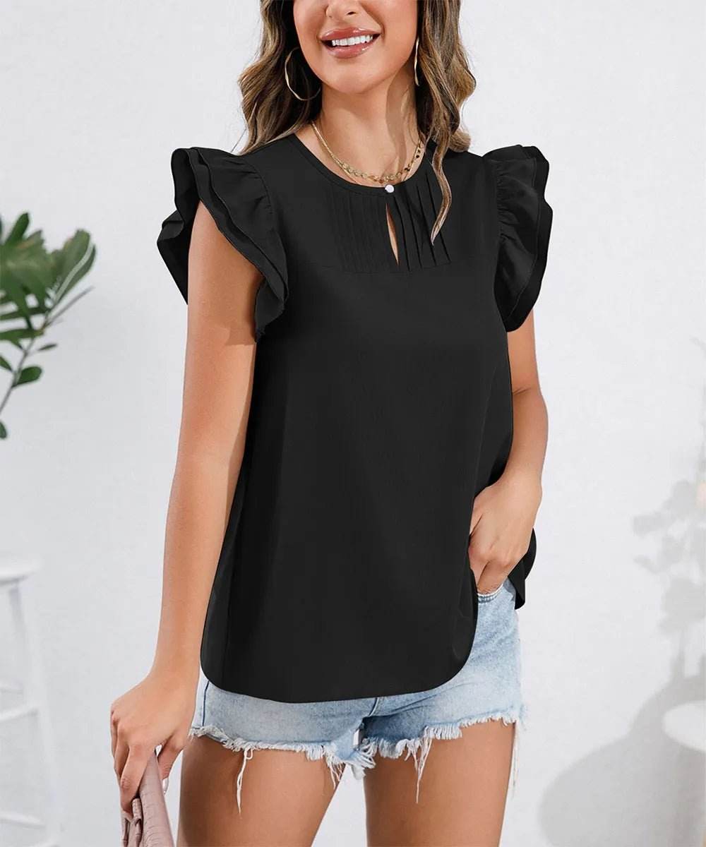Ruffle Cap Sleeve Blouse - Round Neck Stylish Top - EBYNN