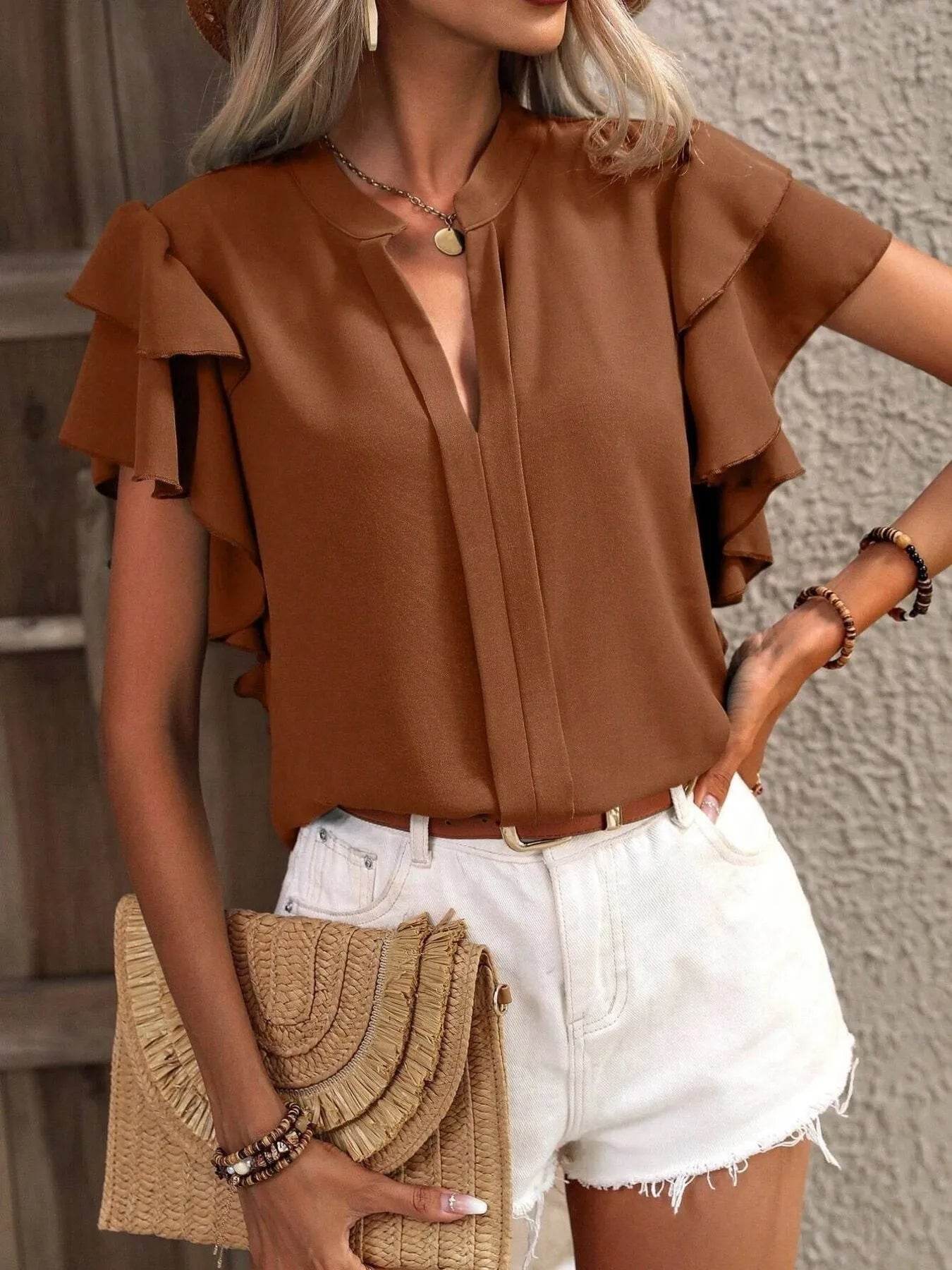 Ruffle Sleeve Blouse with Notched Design for Stylish Comfort - EBYNN
