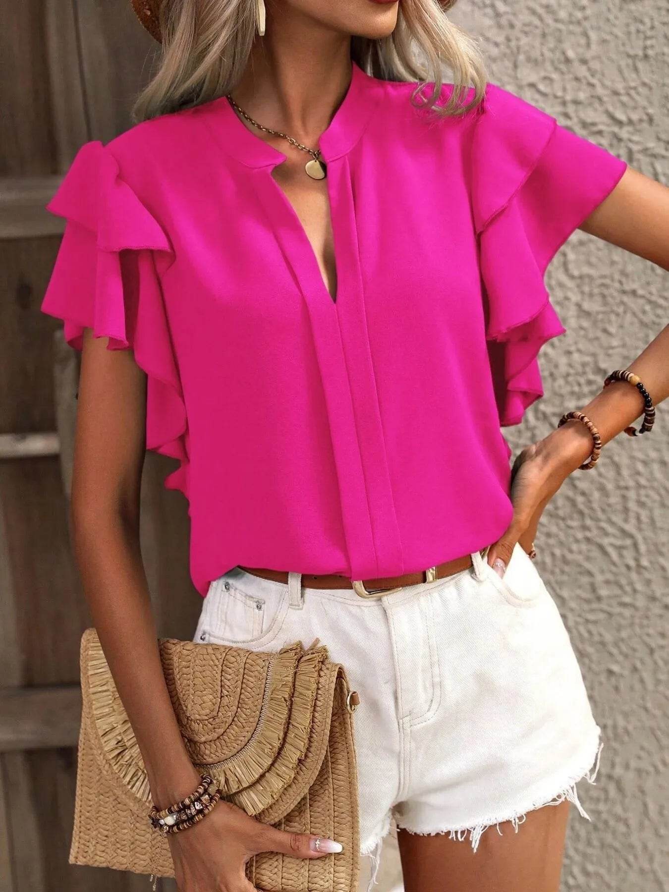 Ruffle Sleeve Blouse with Notched Design for Stylish Comfort - EBYNN