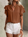 Ruffle Sleeve Blouse with Notched Design for Stylish Comfort - EBYNN