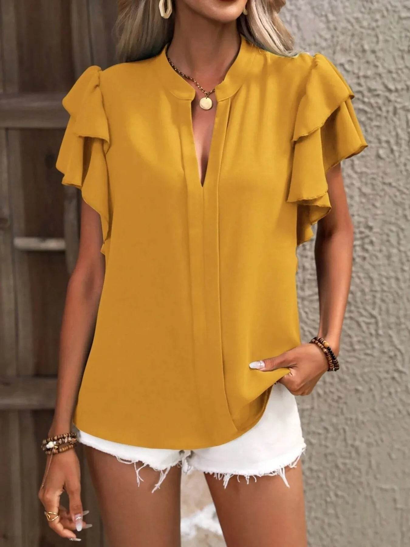 Ruffle Sleeve Blouse with Notched Design for Stylish Comfort - EBYNN