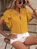 Ruffle Sleeve Blouse with Notched Design for Stylish Comfort - EBYNN