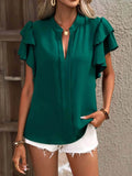 Ruffle Sleeve Blouse with Notched Design for Stylish Comfort - EBYNN