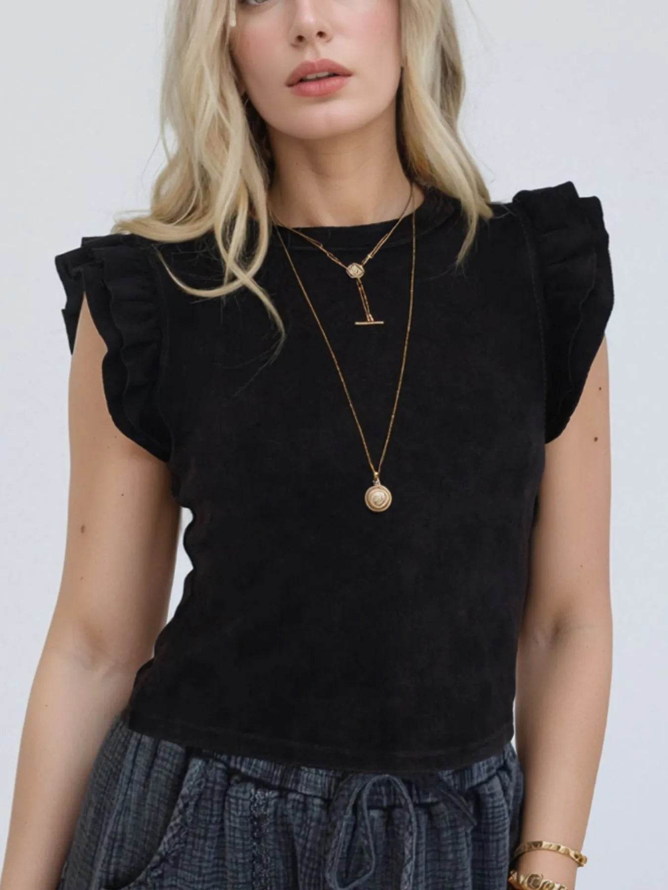 Ruffled Crew Neck Top for Effortless Slim Fit Style - EBYNN