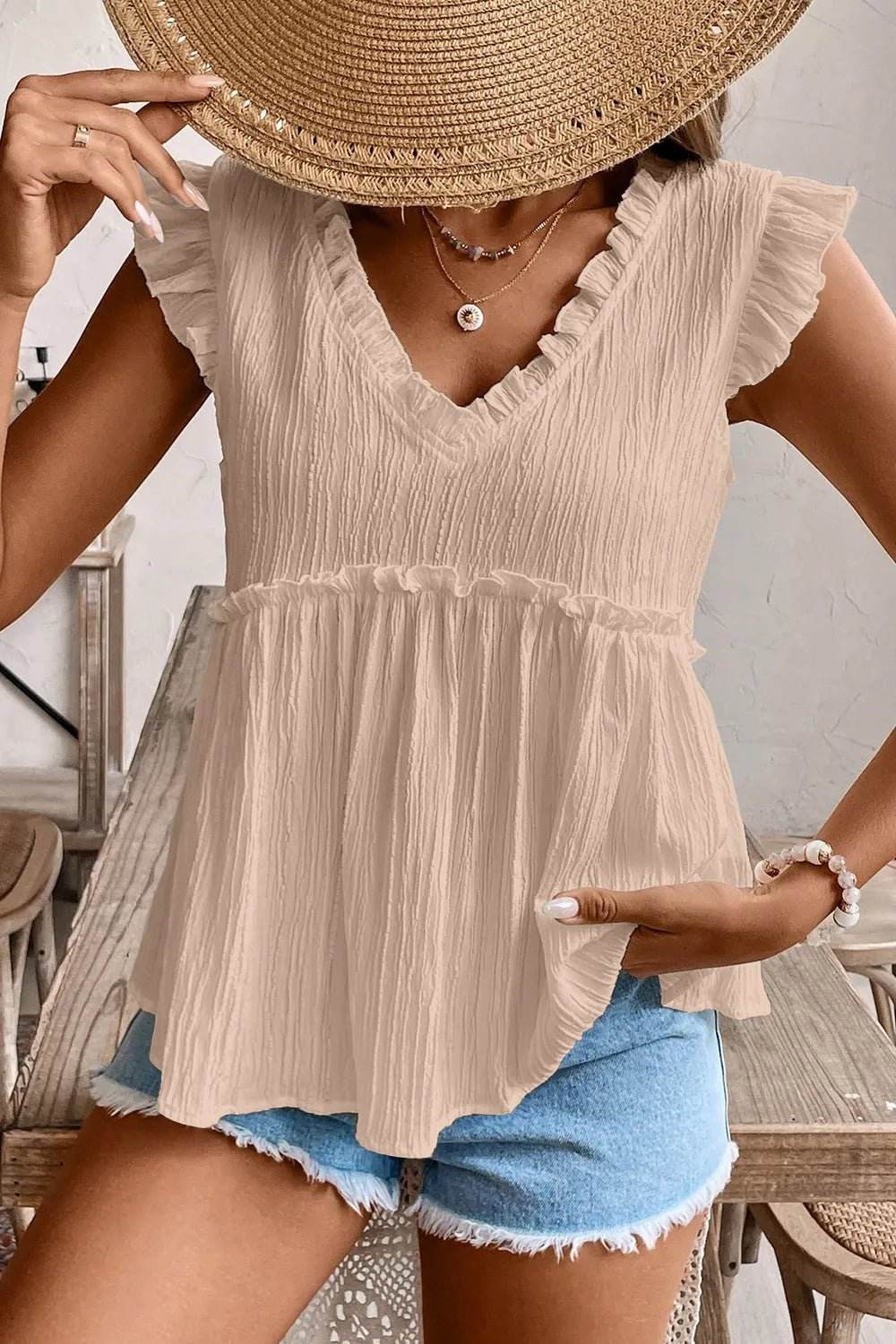 Ruffled V Neck Flutter Top with Stylish Ruffled Trim - EBYNN