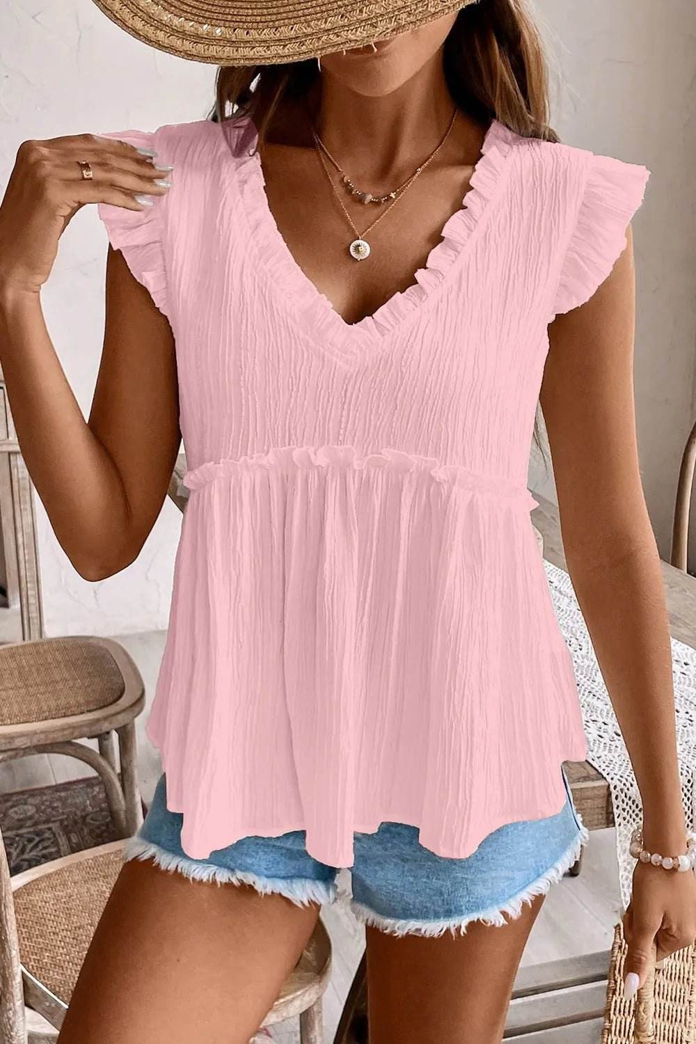 Ruffled V Neck Flutter Top with Stylish Ruffled Trim - EBYNN