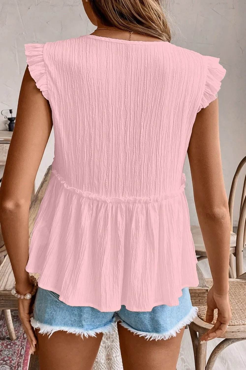 Ruffled V Neck Flutter Top with Stylish Ruffled Trim - EBYNN