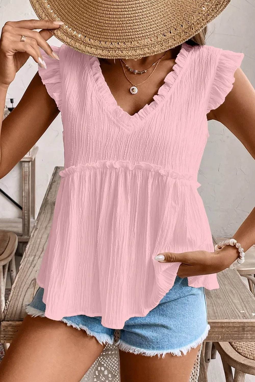 Ruffled V Neck Flutter Top with Stylish Ruffled Trim - EBYNN