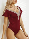 Ruffled V-Neck One Piece Swimsuit with Crochet Detail - EBYNN