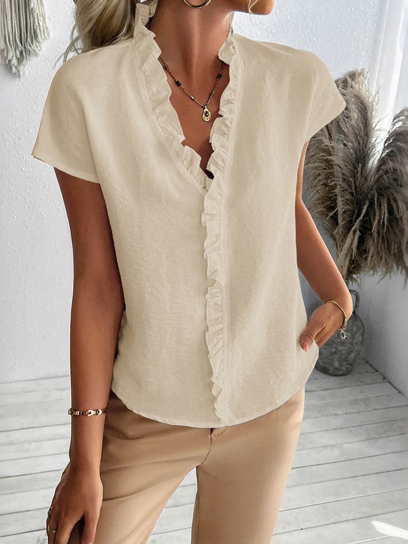 Ruffled Plus Size V-Neck T-Shirt Short Sleeve Blouse - EBYNN