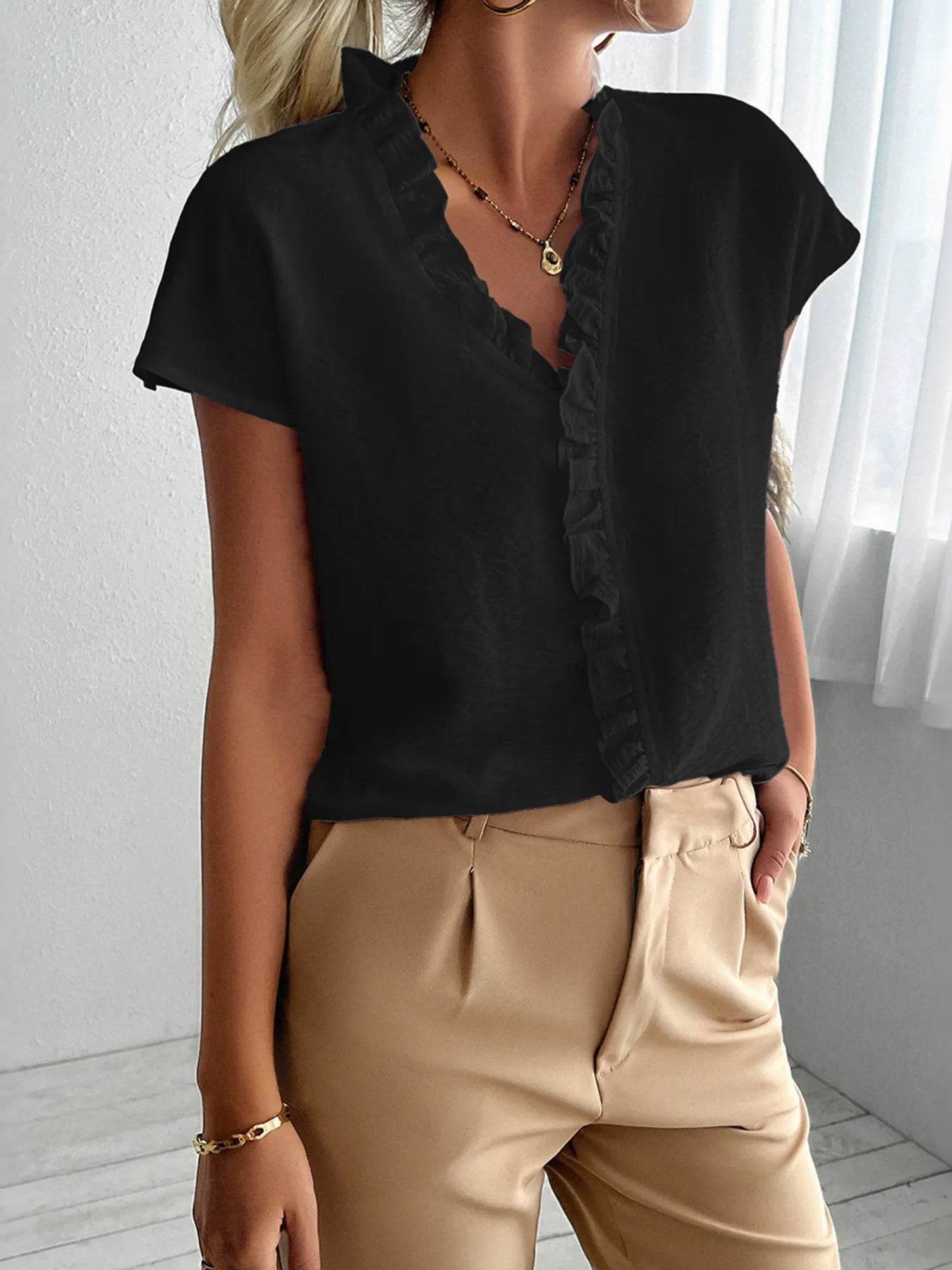 Ruffled Plus Size V-Neck T-Shirt Short Sleeve Blouse - EBYNN