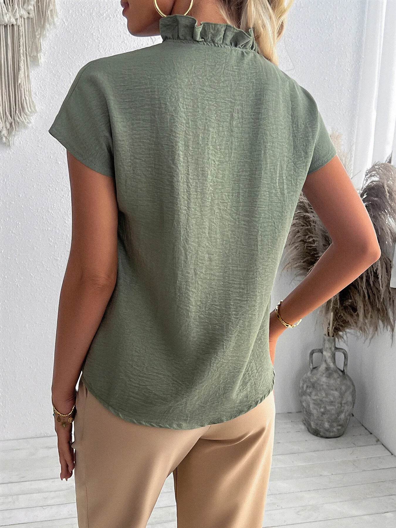 Ruffled Plus Size V-Neck T-Shirt Short Sleeve Blouse - EBYNN