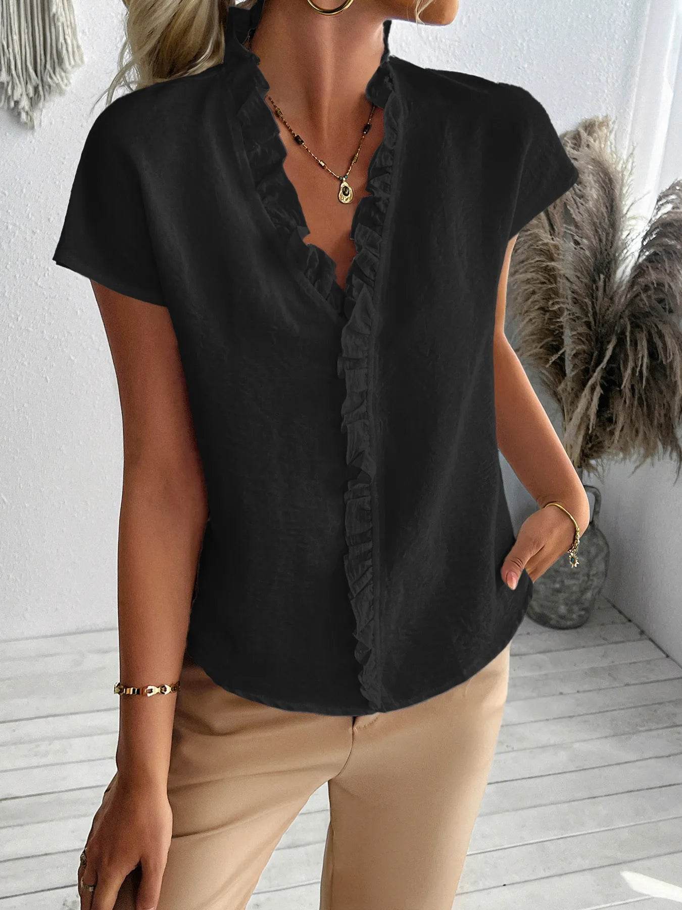 Ruffled Plus Size V-Neck T-Shirt Short Sleeve Blouse - EBYNN