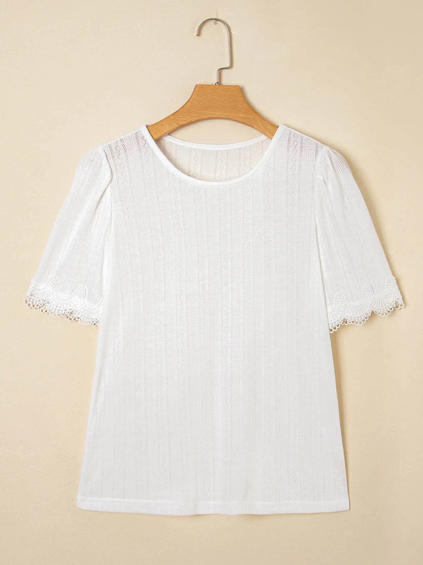 Scalloped Lace Trim T-Shirt in Jacquard Textured Fabric - EBYNN