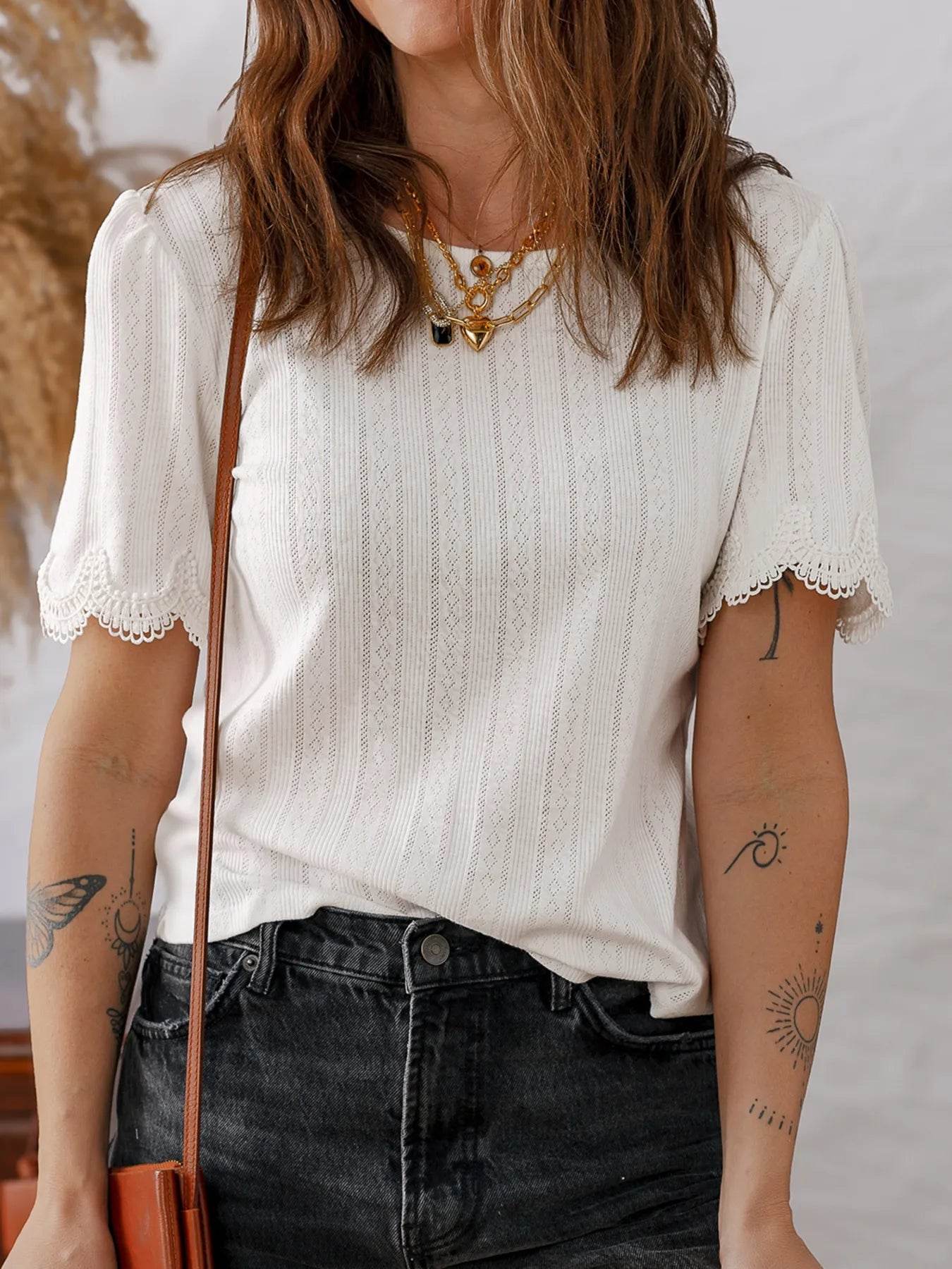 Scalloped Lace Trim T-Shirt in Jacquard Textured Fabric - EBYNN