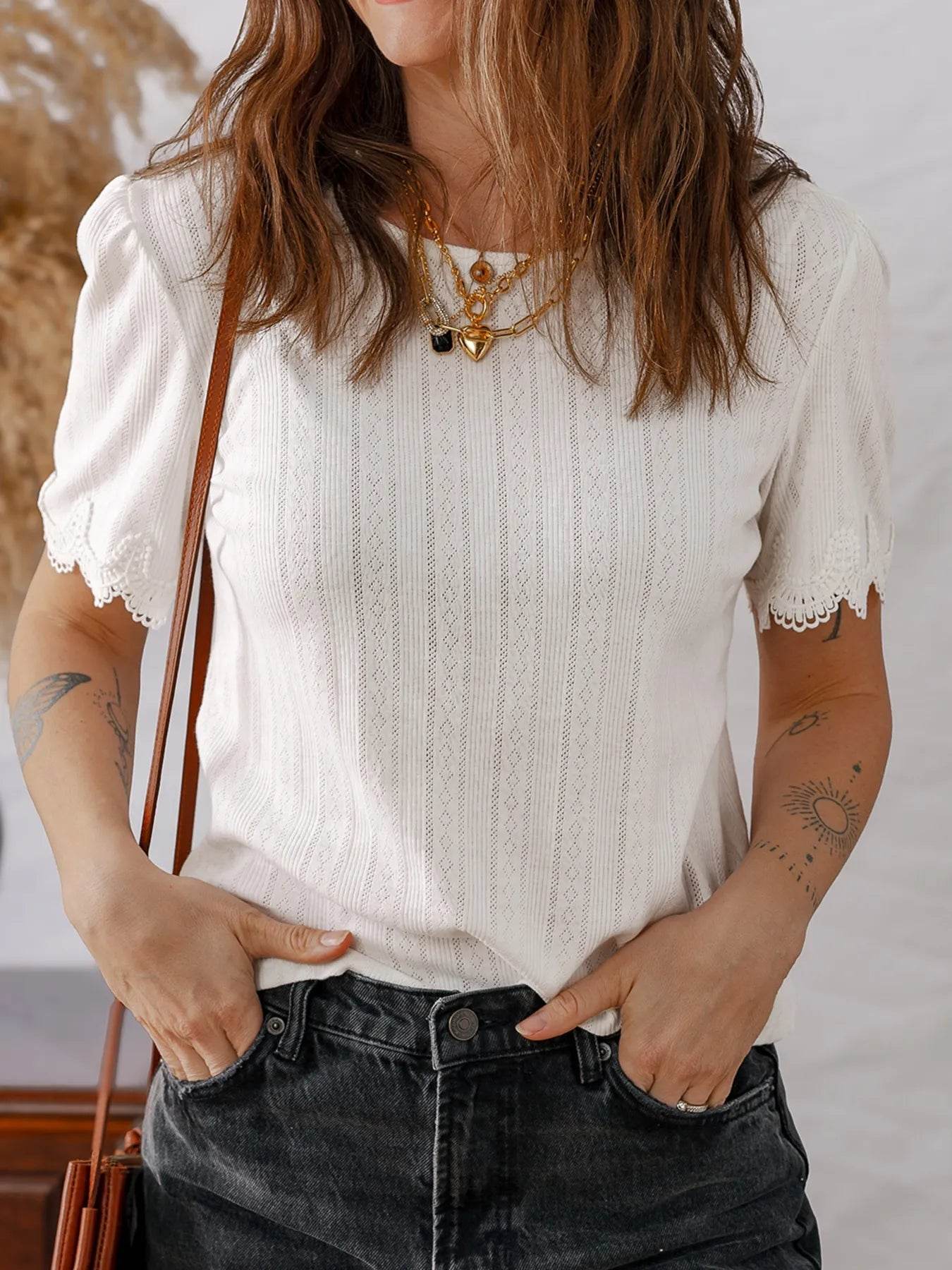 Scalloped Lace Trim T-Shirt in Jacquard Textured Fabric - EBYNN