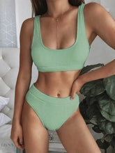 Stylish green scoop neck bikini set with a ribbed texture and high-waisted bottoms