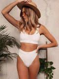 Scoop neck bikini set in white featuring a stylish crop top and high-waisted bottoms