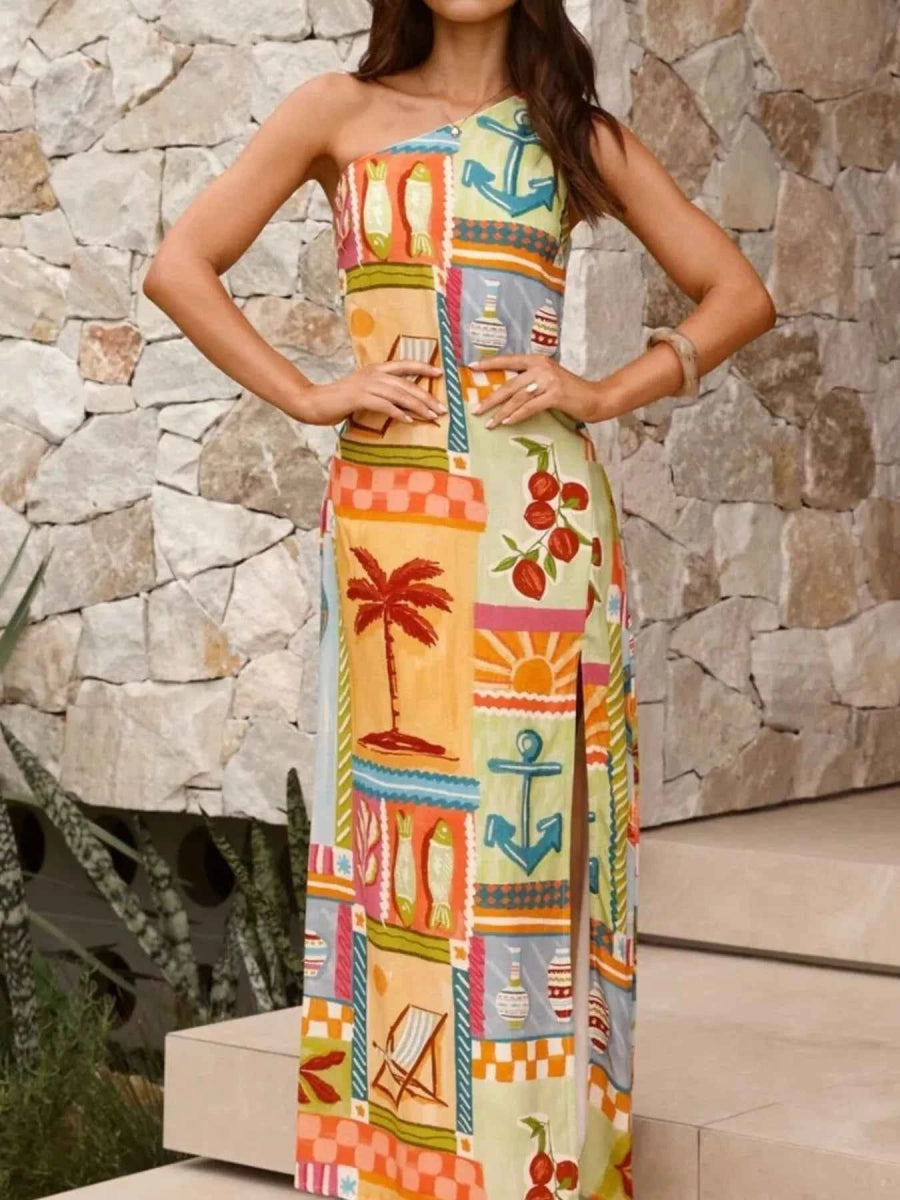 Slit Printed Single Shoulder Maxi Dress.
