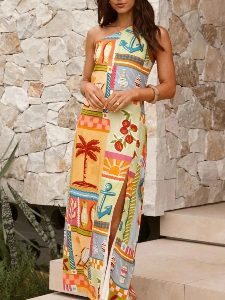 Slit Printed Single Shoulder Maxi Dress.