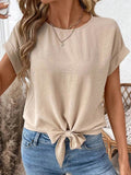 Solid Color Blouse with Knotted Hem and Short Sleeves - EBYNN