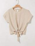 Solid Color Blouse with Knotted Hem and Short Sleeves - EBYNN