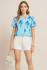 Stripe Floral Puff Sleeve Blouse with Notched Neck - EBYNN