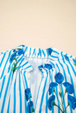 Stripe Floral Puff Sleeve Blouse with Notched Neck - EBYNN