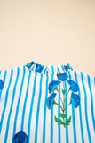 Stripe Floral Puff Sleeve Blouse with Notched Neck - EBYNN