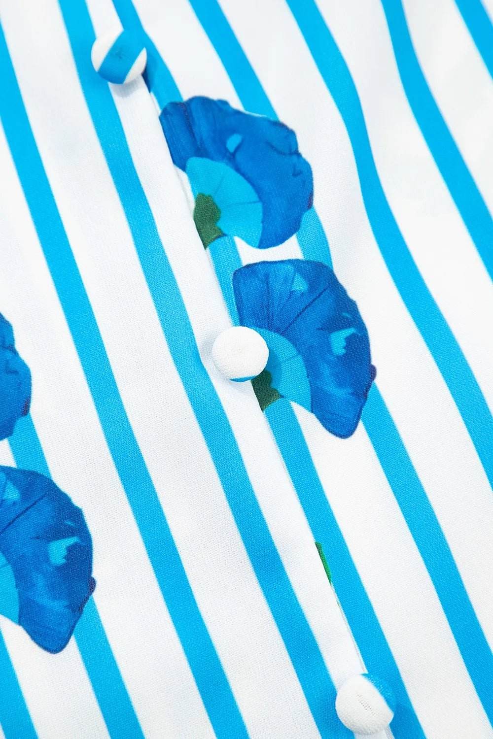 Stripe Floral Puff Sleeve Blouse with Notched Neck - EBYNN