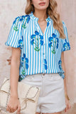 Stripe Floral Puff Sleeve Blouse with Notched Neck - EBYNN