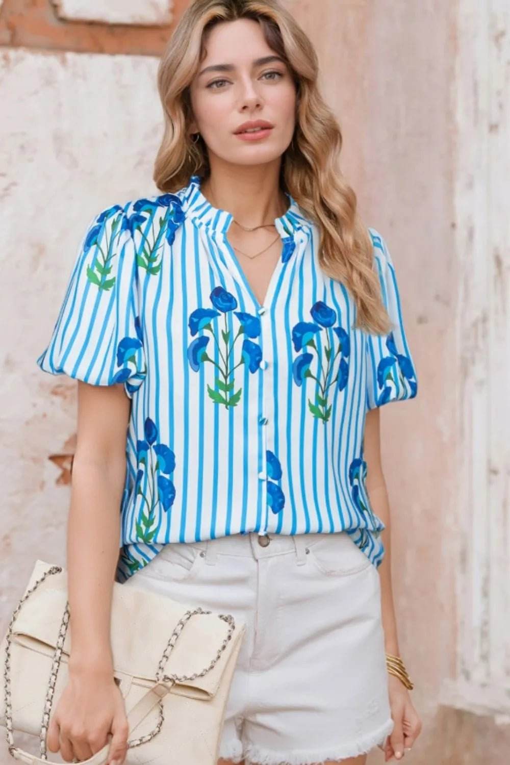 Stripe Floral Puff Sleeve Blouse with Notched Neck - EBYNN