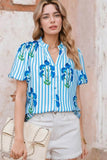 Stripe Floral Puff Sleeve Blouse with Notched Neck - EBYNN