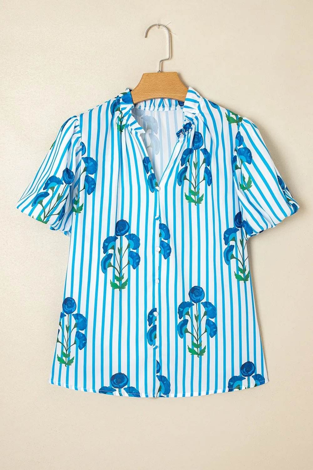 Stripe Floral Puff Sleeve Blouse with Notched Neck - EBYNN