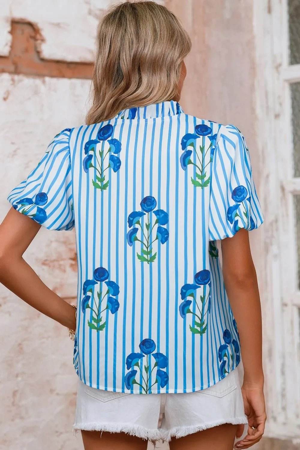 Stripe Floral Puff Sleeve Blouse with Notched Neck - EBYNN