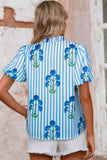Stripe Floral Puff Sleeve Blouse with Notched Neck - EBYNN