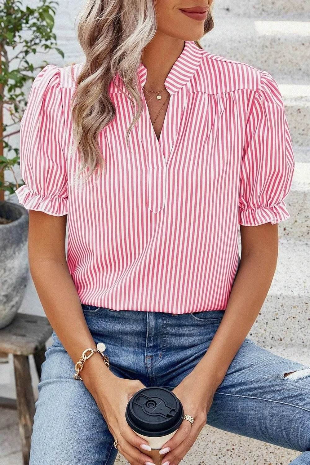 Stripe Notched Neck Blouse with Frilled Short Puff Sleeves - EBYNN