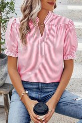 Stripe Notched Neck Blouse with Frilled Short Puff Sleeves - EBYNN