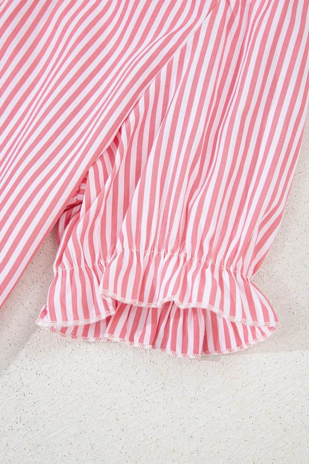 Stripe Notched Neck Blouse with Frilled Short Puff Sleeves - EBYNN