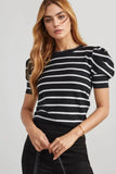 Stripe Ribbed Bubble Sleeve Top with Round Neck and Trim - EBYNN