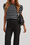 Stripe Ribbed Bubble Sleeve Top with Round Neck and Trim - EBYNN