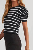 Stripe Ribbed Bubble Sleeve Top with Round Neck and Trim - EBYNN