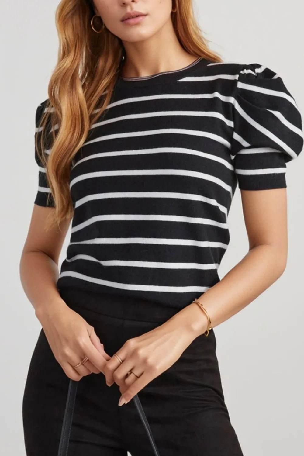 Stripe Ribbed Bubble Sleeve Top with Round Neck and Trim - EBYNN