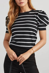 Stripe Ribbed Bubble Sleeve Top with Round Neck and Trim - EBYNN